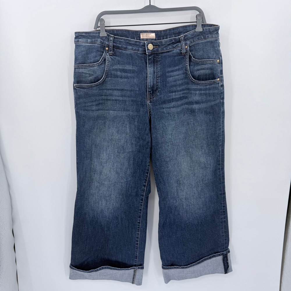 Kut from the Kloth Meg High Rise Wide‎ Leg Cuffed Jeans Dark Wash Blue Size 16